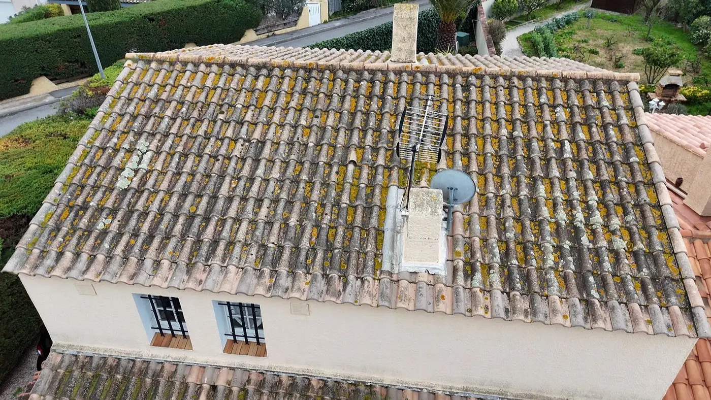 Avant : Lichen éliminé sur une couverture en tuiles canal.