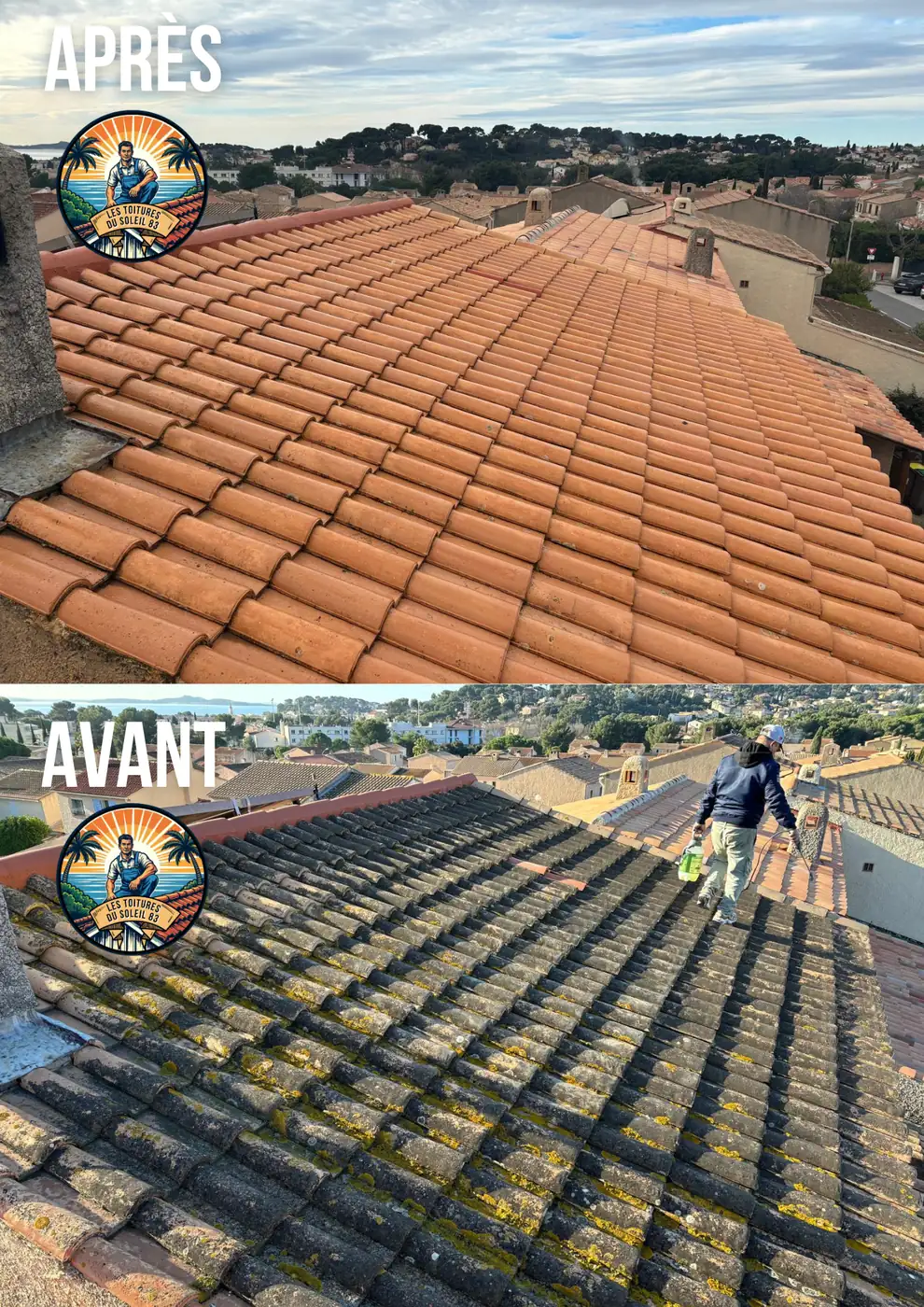 Comparatif avant après d'un nettoyage de toiture à Sanary-sur-Mer